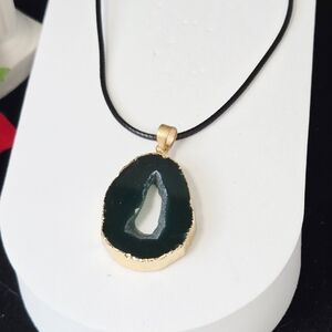 Emerald Green Druzy Agate Teardrop Necklace Geode Slice Gold Edge Pendant Earthy